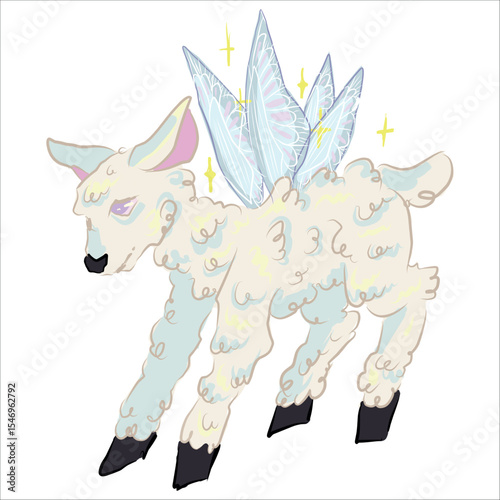 Fairytale animal, magic sheep, lamb. With fairy wings, butterflies. Original illustration for design of stickers sketchbooks, print on clothes, cups. Vector, hand drawn. Magic theme, fairies. 