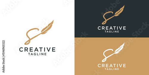 golden feather signature logo design. Minimalist feather initial s logo template