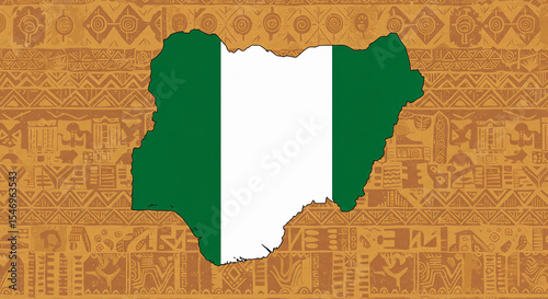 A colorful graphic combining Nigeria's green-white-green flag with its geographic borders. African tribal patterns accent the background, emphasizing unity and diversity within the West African nation