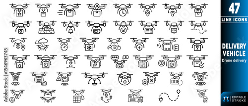 Drone delivery vehicle line icons showcasing modern logistics solutions.  Editable stroke. Vector illustration