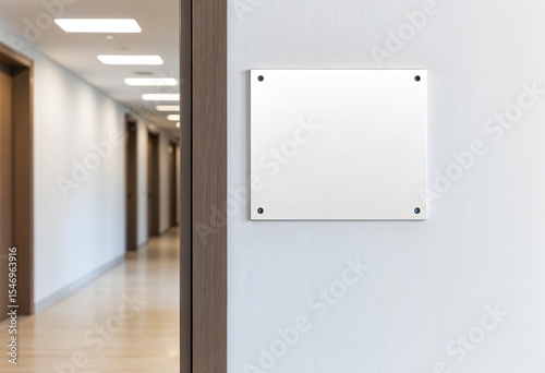 Blank signboard stuck on white wall, blurred office corridor as background. Concept of empty sign or template.