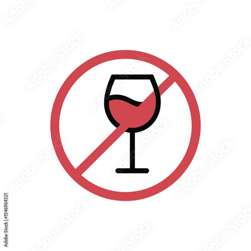 Red Circle No Wine Sign with Glass Icon, Prohibiting Alcohol Consumption

