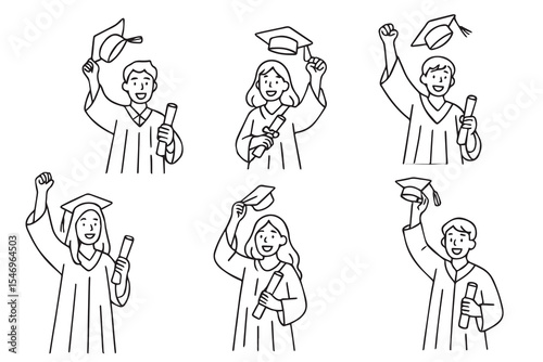 Happy graduates with graduation caps and diplomas or certificates. Collection of silhouettes of celebrating graduates in different poses. Doodle style. Vector 