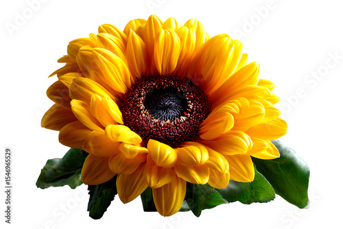Vibrant sunflower with full yellow petals and brown center, close-up over white surface, isolated to transparent background