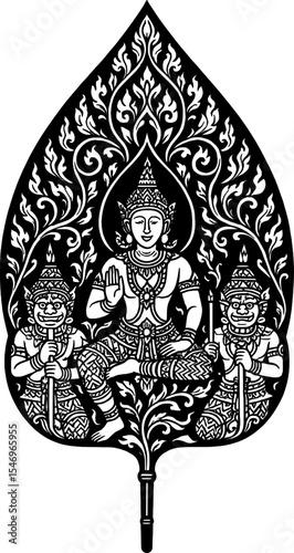 Traditional Thai or Southeast Asian Deity with Guardians in Bodhi Leaf Shape