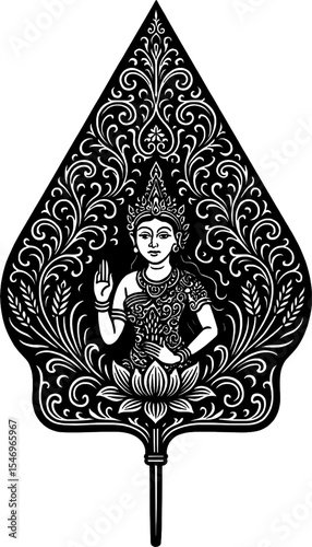 Traditional Indonesian Wayang Kulit Gunungan with Deity on Lotus