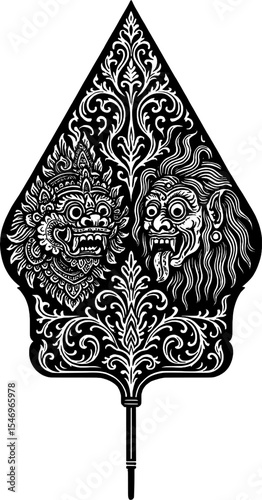 Traditional Indonesian Wayang Kulit Gunungan with Barong and Rangda