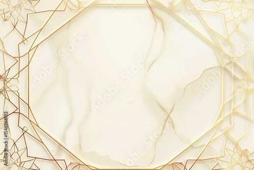 Elegant cream background with thin gold islamic geometric frame, minimal clean center space, high-end wedding invitation background.