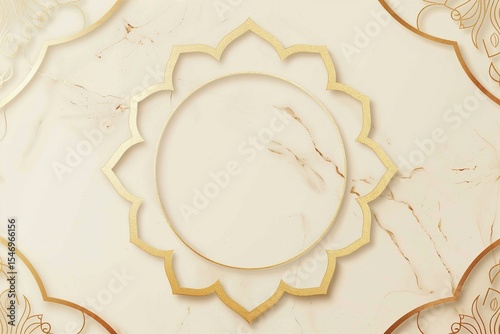 Elegant cream background with thin gold islamic geometric frame, minimal clean center space, high-end wedding invitation background.