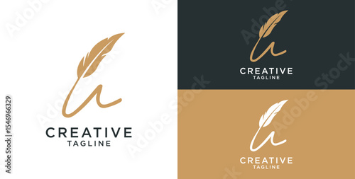 golden feather signature logo design. Minimalist feather initial u logo template