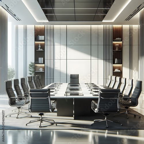 Luxury business meeting room with clean design, white wall background, and polished wood table in sunlit office