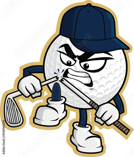 Cartoon illustration of an angry golf ball is breaking golf clubs with his feet. T shirt and sticker design.