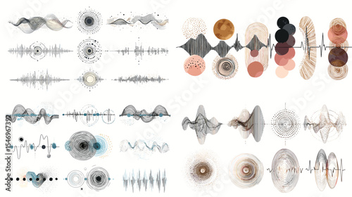 Abstract watercolor soundwave illustrations with modern shapes and gradients in earthy and pastel tones. Ideal for music, tech, meditation, or creative digital art projects.