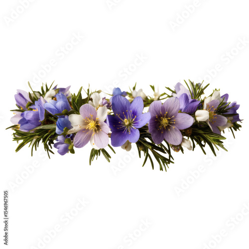 Antique flower crown design with violets, snowdrops, and rosemary, isolated on transparent background .