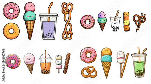 Colorful doodle-style illustration of sweet treats including donuts, ice cream, bubble tea, and pretzels. Perfect for dessert menus, stickers, or kids’ snack-themed designs.