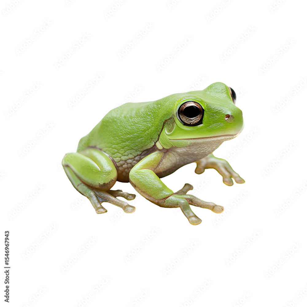 Obraz premium Small green tree frog sitting upright on white surface