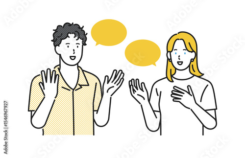 イラスト素材：英語、外国語で会話する若い男女