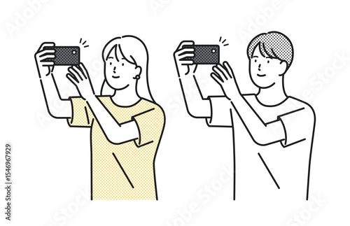 イラスト素材：スマホで写真を撮る若い男女