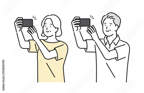 イラスト素材：スマホで写真を撮るシニア夫婦