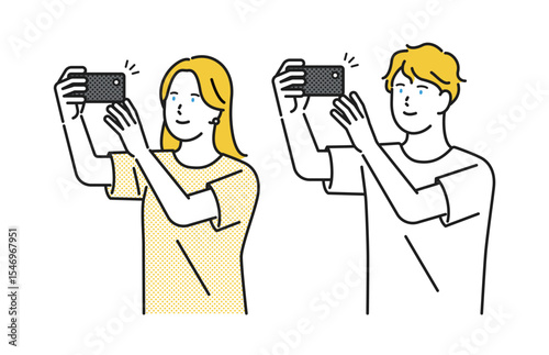 イラスト素材：スマホで撮影する若い男女
