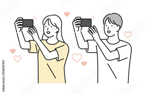 イラスト素材：嬉しそうにスマホで写真を撮る若い男女