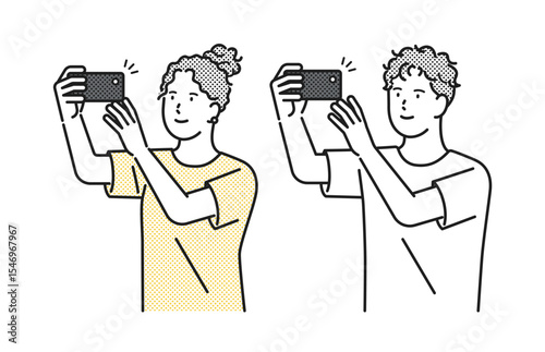 イラスト素材：スマホで写真を撮る若い男女