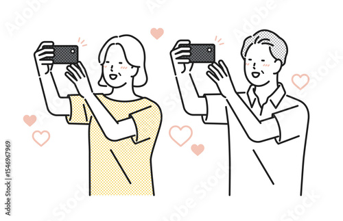 イラスト素材：嬉しそうにスマホで写真を撮るシニア夫婦
