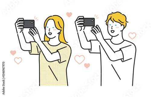 イラスト素材：嬉しそうにスマホで写真を撮る若い男女