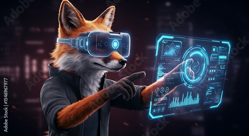 Digital Fox in Metaverse: A cunning fox, immersed in the metaverse with virtual reality goggles, interacts with futuristic interface. This scene embodies digital technology and immersive experiences.