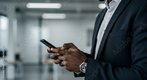 Man in Suit Using Smartphone in Office Setting