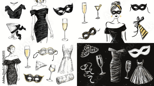 Elegant party illustration set featuring little black dresses, masquerade masks, champagne glasses, and accessories. Perfect for fashion events, invitations, and glamorous design themes