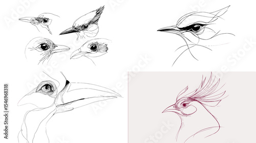 Elegant hand-drawn bird head sketch collection featuring detailed eyes and beaks in minimalist line art style. Perfect for nature studies, fine art prints, and animal illustration projects.