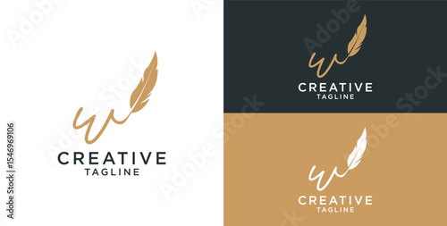 golden feather signature logo design. Minimalist feather w initial logo template