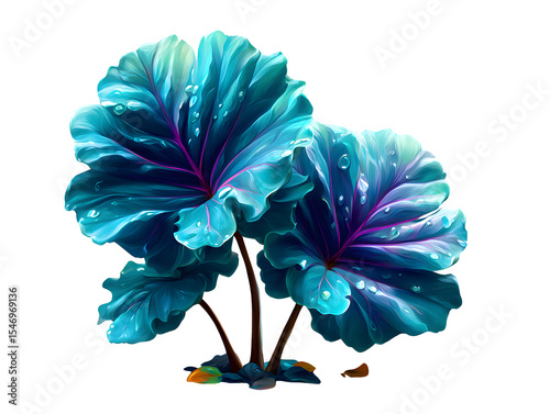 Fototapeta Naklejka Na Ścianę i Meble -  Fantasy-style glowing blue jungle leaves, magical aesthetic, rendered in soft painterly texture on white background, isolated to transparent background