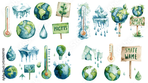 Watercolor climate change illustration set featuring melting Earth, thermometers, icebergs, water drops, and protest signs. Perfect for eco projects, awareness campaigns, and education.