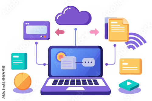 a laptop as a central hub, connected to cloud storage, various digital files, and internet services. It visualizes data management, cloud computing, and digital workflow.