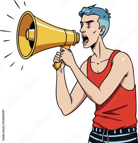 Young man shouting through yellow megaphone in red tank top vector illustration 
