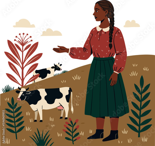 Young Girl Feeding Cow on Pasture with Plants and Hills Illustration Vector 