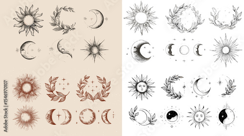 Mystical celestial illustration set featuring sun, moon, stars, laurel, and yin yang in vintage hand-drawn style. Ideal for boho, spiritual, and astrological design themes.