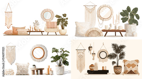 Boho home decor illustration set featuring macrame, mirrors, plants, pillows, and natural elements in warm tones. Perfect for interior design, lifestyle, and cozy living visuals.