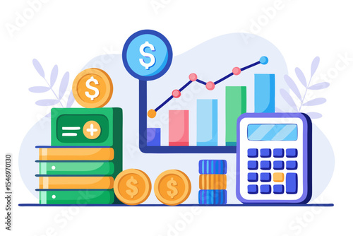 A colorful illustration depicting financial growth with coins, books, a rising graph, and a calculator. It symbolizes accounting, investment, wealth management, and economic progress.
