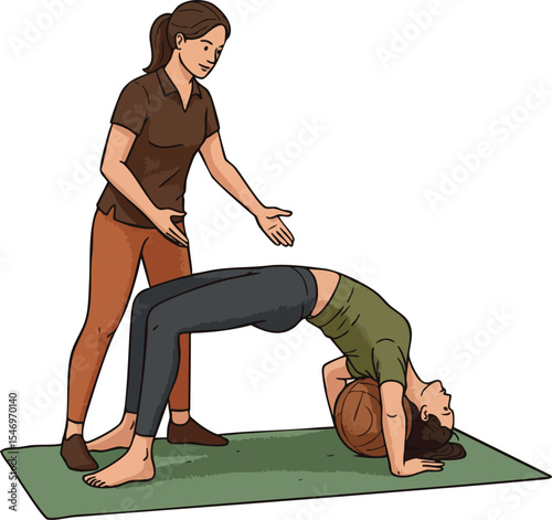 Women practicing yoga bridge pose with instructor guidance on green mat vector illustration 