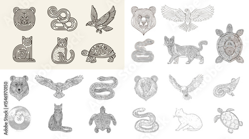 Hand-drawn animal illustration set featuring bears, snakes, owls, turtles, cats, and foxes in tribal and decorative styles. Ideal for tattoos, nature art, and wildlife-themed designs.
