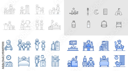 Medical and hospital icon set featuring doctors, patients, nurses, beds, vaccines, and healthcare equipment in flat and line styles. Perfect for health, clinic, and care-related designs.