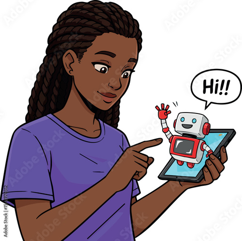 Young woman interacting with friendly robot on smartphone screen vector illustration 