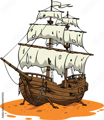 Old wooden sailing ship with white sails on orange water vector illustration