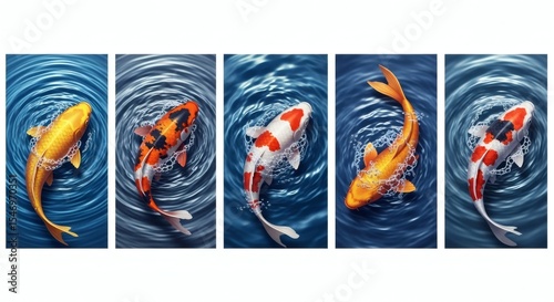 Koi Carp Harmony: Serene Water Garden Art in Triptych
