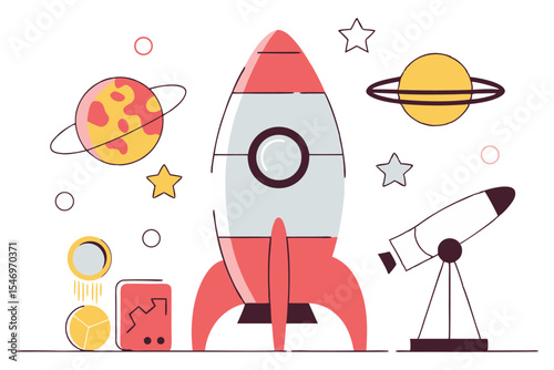 A whimsical illustration featuring a rocket ship surrounded by planets, stars, and a telescope, sparking a sense of space exploration. It represents astronomy, science, and cosmic adventure.
