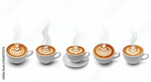 Row of Steaming Latte Art Coffees on White