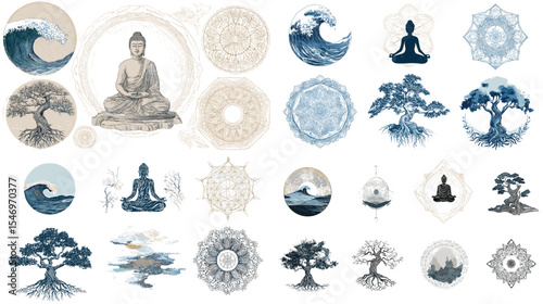 Serene spiritual illustration set featuring Buddha, mandalas, bonsai trees, ocean waves, and meditation symbols in an elegant hand-drawn style. Ideal for wellness and mindfulness design.